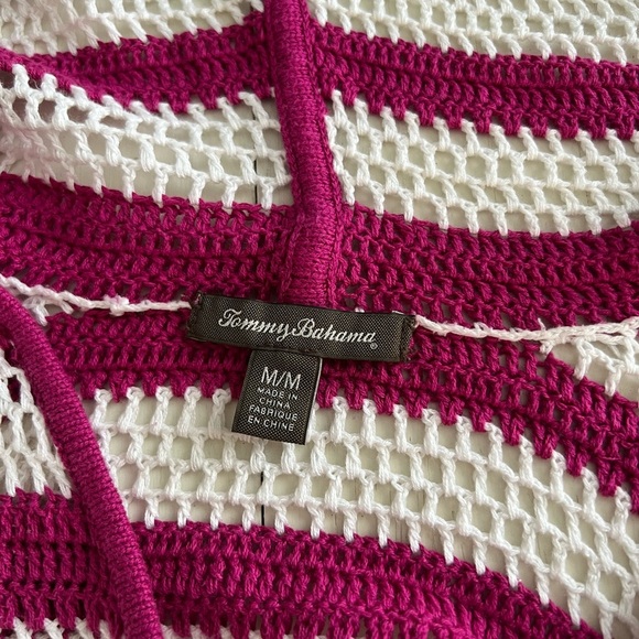 Tommy Bahama Women's Knit Crochet Cotton Pink White Hooded Coverup Medium - Picture 3 of 4